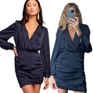 Ramy Brook Foxy Satin Navy Blue Ruched Long Sleeve V Neck Side Zip Mini Dress